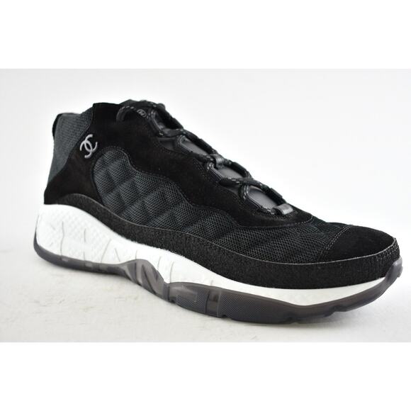 Chanel 21B Mens Black Suede White CC Logo Lace Up Mid Top Trainer Sneaker 44 11 - Picture 3 of 12